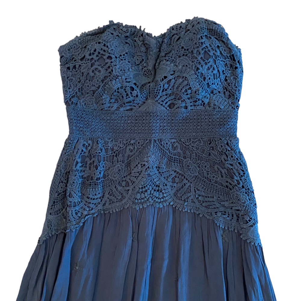 Free People boho strapless maxi dress w/crochet, sweetheart neck & gauzy skirt